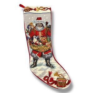 Vtg Black Santa Claus Needlepoint Stocking Basket of Toys Wool Red Velvet 22 In